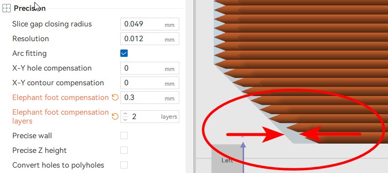 Réglages du logiciel de tranchage montrant la compensation du pied d’éléphant pour calibrer les connecteurs.
