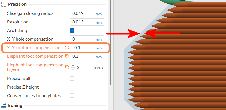 Commandes de compensation XY servant à régler les dimensions extérieures et la taille des trous dans un logiciel de tranchage.