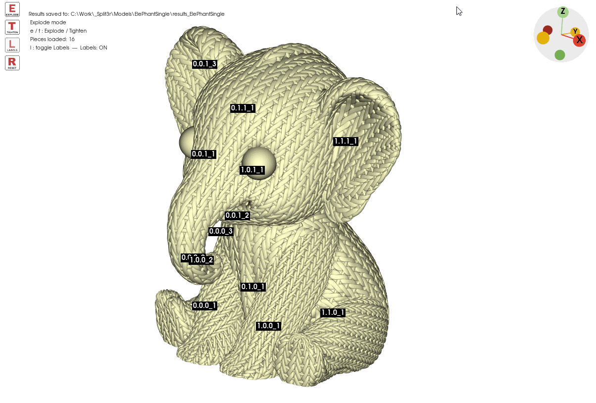 Le même modèle d’éléphant avec toutes ses pièces après réparation de la géométrie.