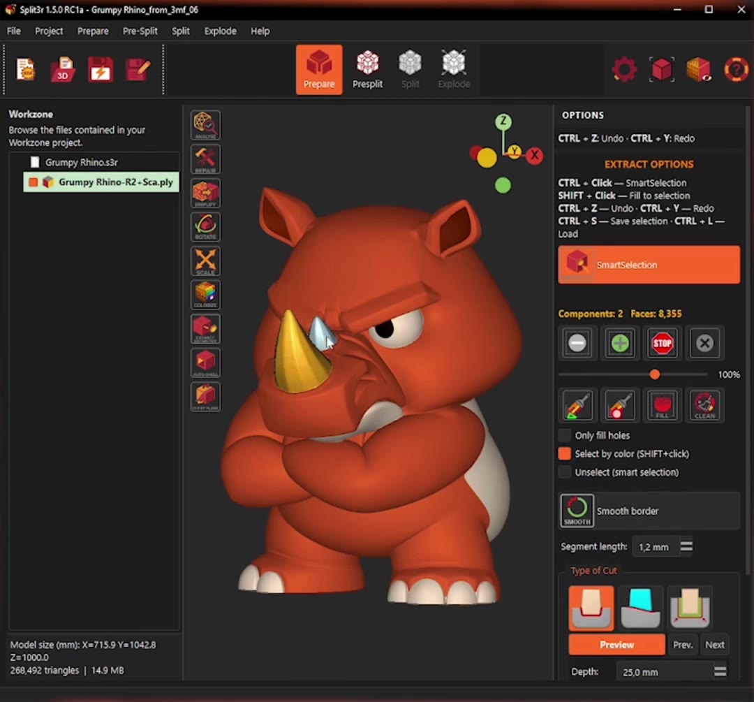 Smart Selection on the rhino's horns, with Select by color and the extraction preview controls visible.