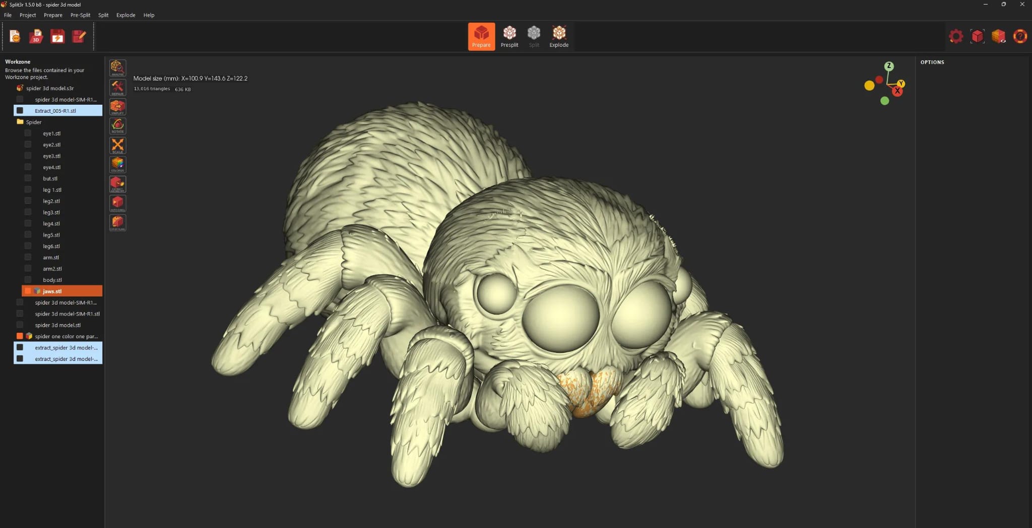 Split3r screenshot: 3D jumping spider, list of parts on the left