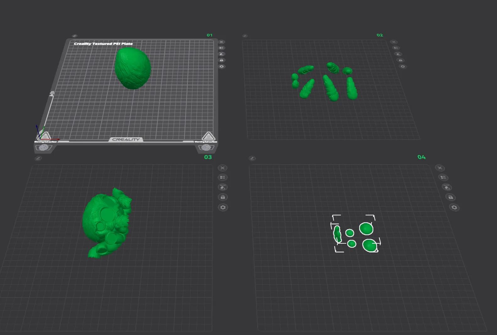 Four build plates in the slicer with the spider's green parts