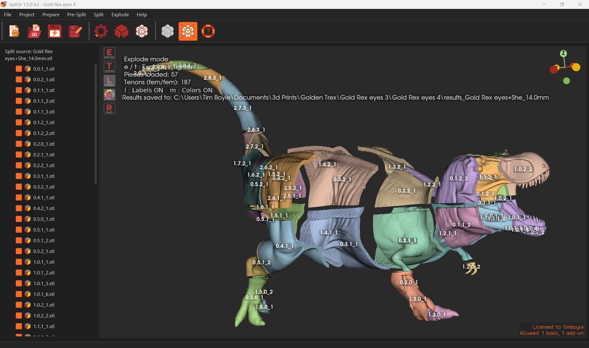 Split3r screenshot, T. rex exploded into 57 coloured pieces