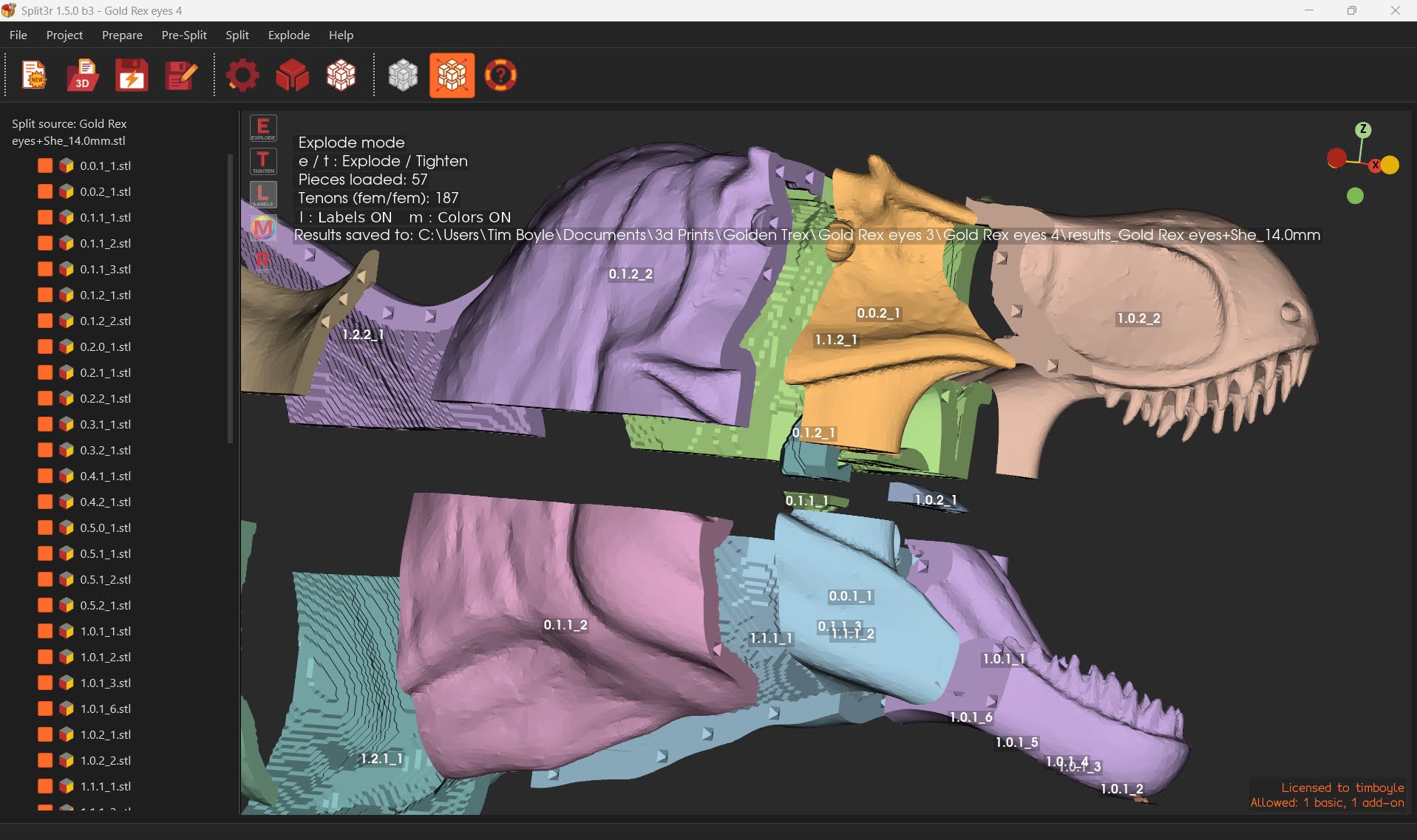 Split3r screenshot, T. rex head split into several pieces